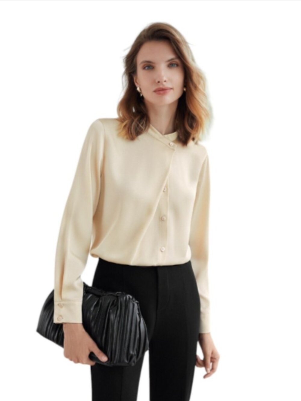 NEW MOTF X-Small Peach Beige Mock Neck Blouse Yoke Box Pleat Shirt tail Office